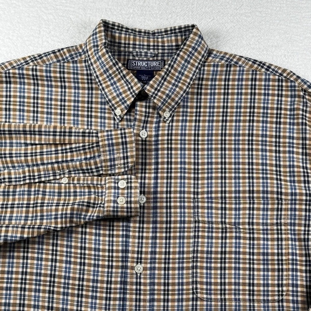 Vintage 2000s Structure Large Blue Beige Plaid Men's Button Down‎ One Pocket